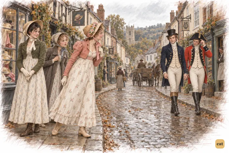 Lydia, Kitty and Elizabeth turn from a shop window toward a handsome stranger in Meryton