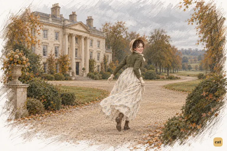 Elizabeth runs lightly down the shrubbery walk, glad to be going home with Jane