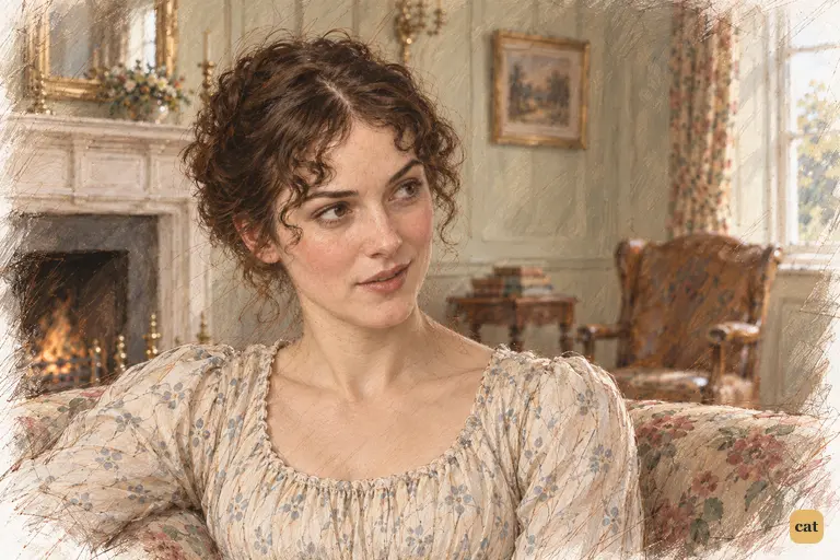 Elizabeth answers her father’s teasing with a controlled half-smile.
