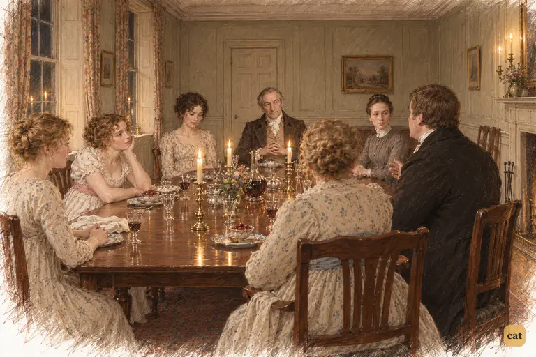 Mr. Bennet asks if Mr. Collins rehearses his compliments; Collins is solemnly pleased