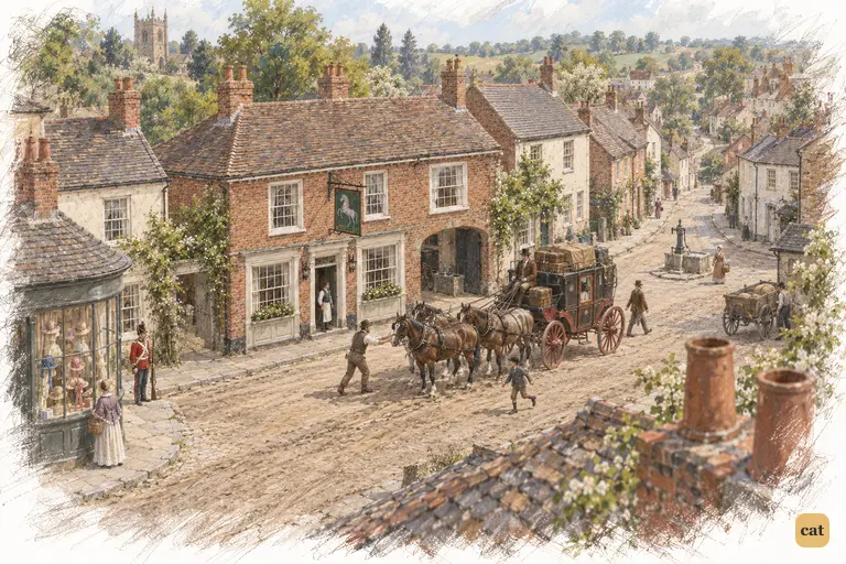 The London coach draws up at the George in a small Hertfordshire market town.