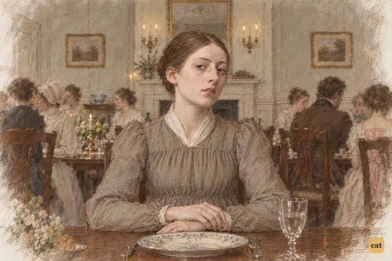 Mary Bennet gravely declares her preference for a book as dinner conversation continues