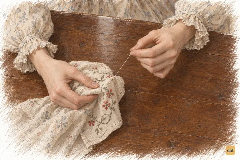 Elizabeth occupies her hands with needlework after submitting to her mother's insistence.