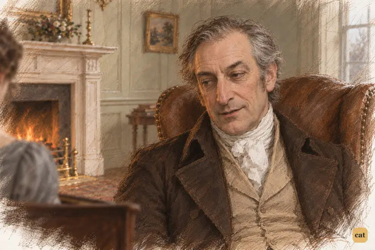 By the fire, Mr. Bennet makes a dry remark about the horses, little help to Mrs. Bennet