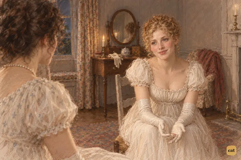 Jane warmly praises Miss Bingley, leaning toward Elizabeth with open hands.