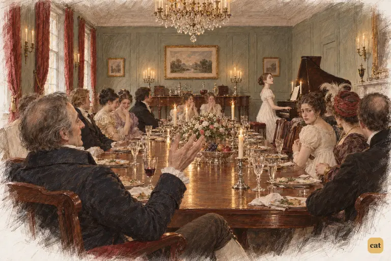 Mr. Bennet’s casual raised hand ends Mary’s performance as she begins to rise from the pianoforte.