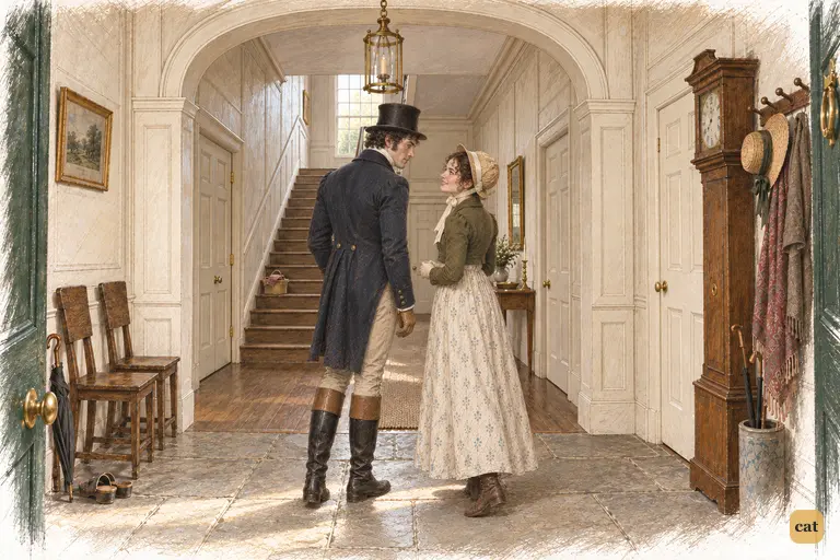 Elizabeth and Darcy begin to part in Longbourn’s hall, their warm talk continuing