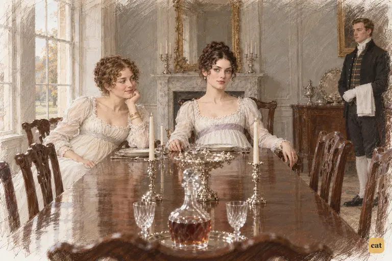 Caroline Bingley surveys Netherfield's dining table as Louisa Hurst reclines beside her