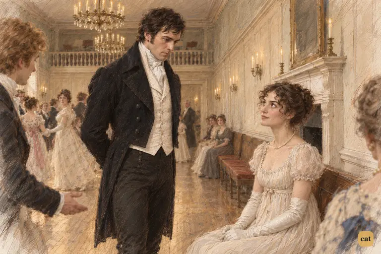 Darcy turns toward Elizabeth and meets her steady gaze for a heartbeat.