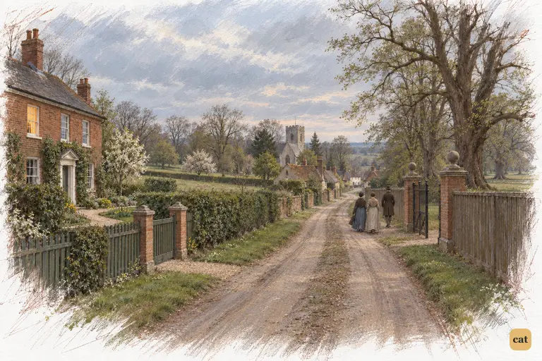 Collins, Charlotte and Maria leave for tea at Rosings through the open park gate.