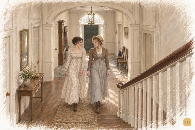 Charlotte and Elizabeth walk to Longbourn's front door as Charlotte ends her invitation