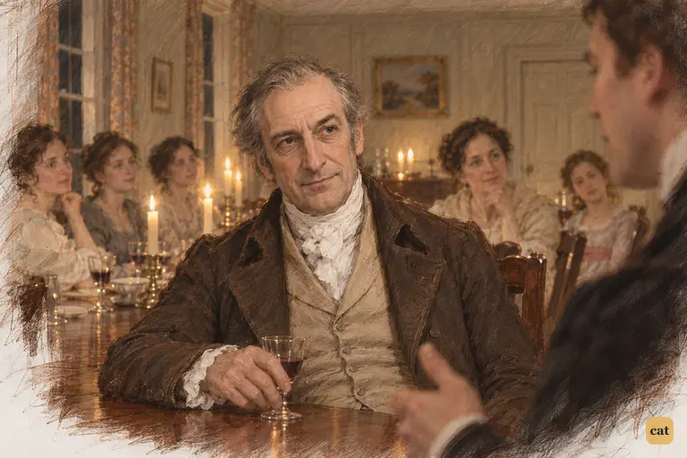 Mr. Bennet listens gravely as Mr. Collins praises his patroness.