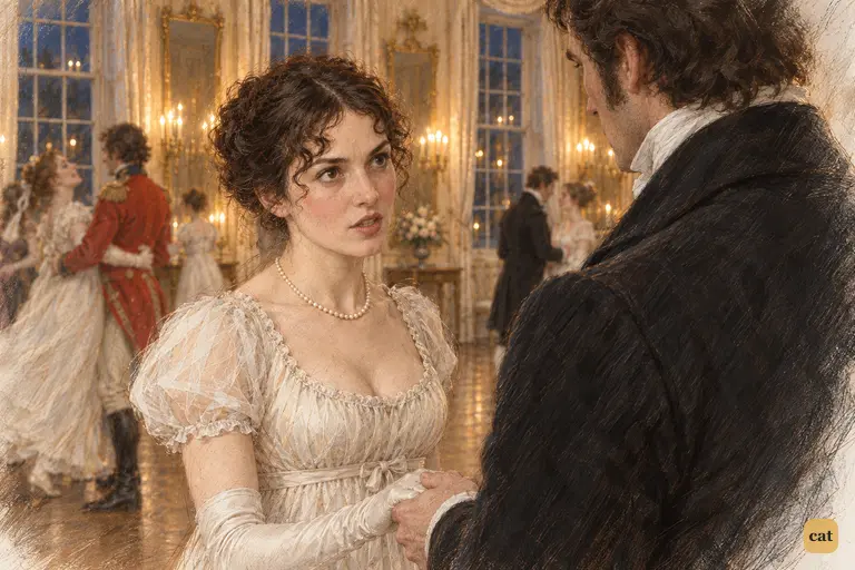 Elizabeth challenges Darcy over Wickham in the middle of the Netherfield dance.