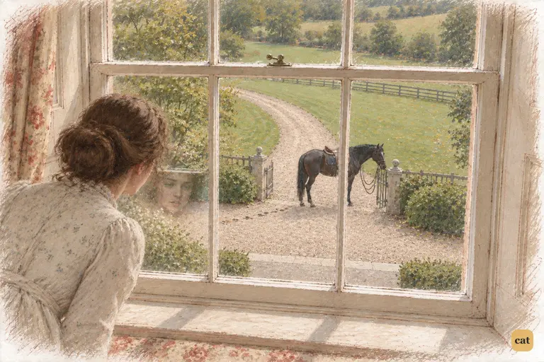 Bingley's black horse waits on Longbourn's gravel while he visits Mr. Bennet