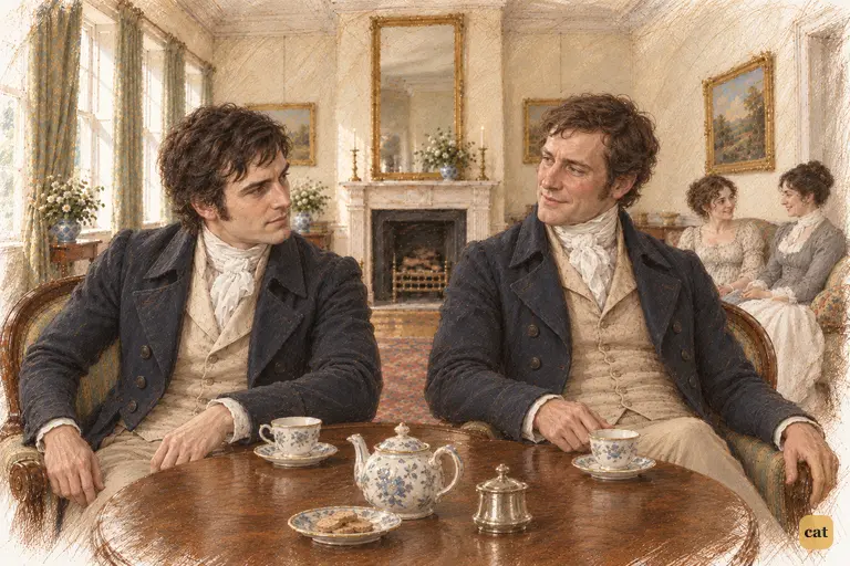 Over tea, Darcy leans toward Mr. Gardiner, expressing gratitude with easy family intimacy