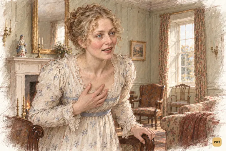 Mrs. Bennet draws a quick breath, taking her husband's dry reply as permission to release her news.