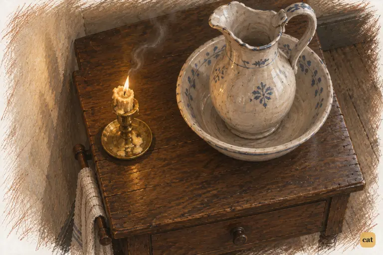 A dwindling candle on the washstand measures Elizabeth’s wakefulness.