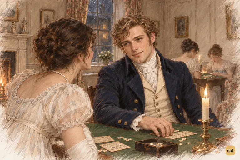 Elizabeth warmly dismisses Darcy across the lottery table.