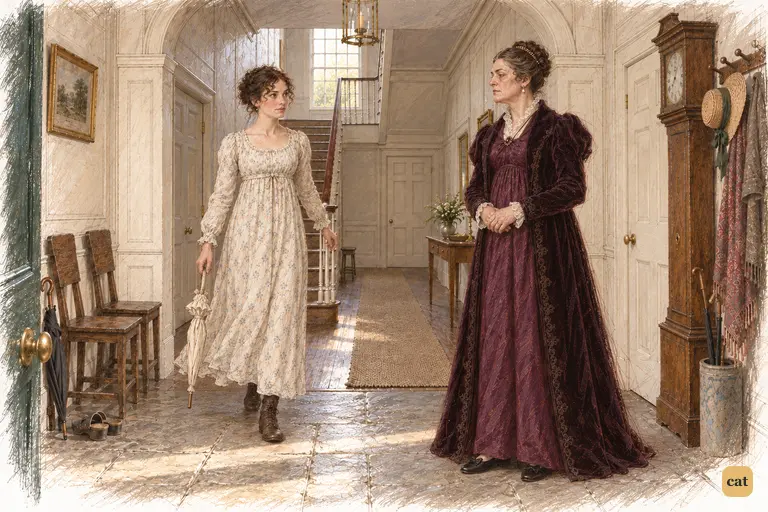 Elizabeth returns with her parasol to attend Lady Catherine at the foot of Longbourn’s staircase.