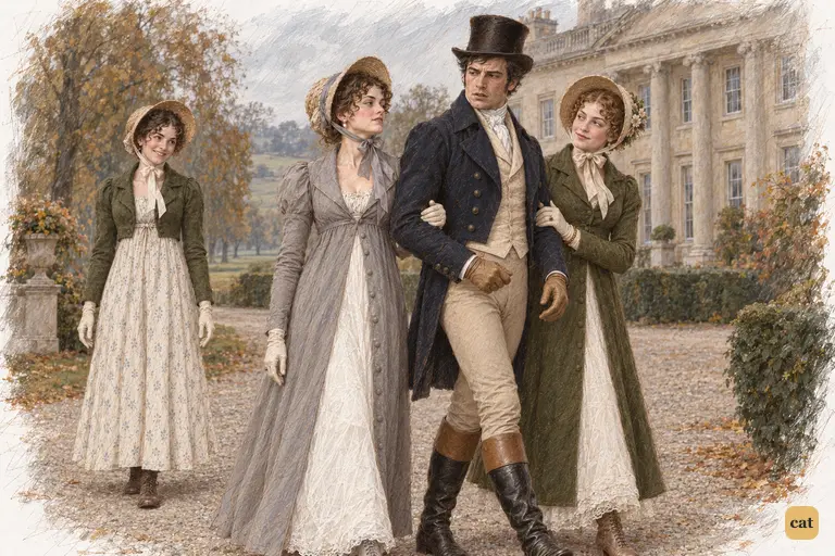 The sisters close ranks around Darcy, leaving Elizabeth a step behind.