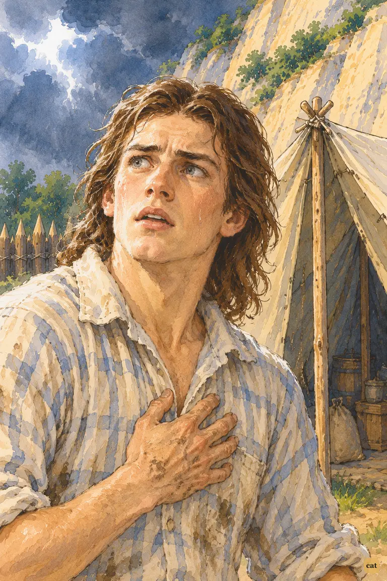 Lightning whitens the sky and the castaway freezes, fearing for all his powder