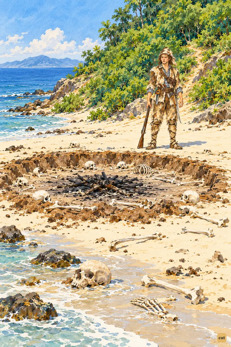 Frozen, Crusoe gazes down a white beach strewn with human bones toward the fire circle