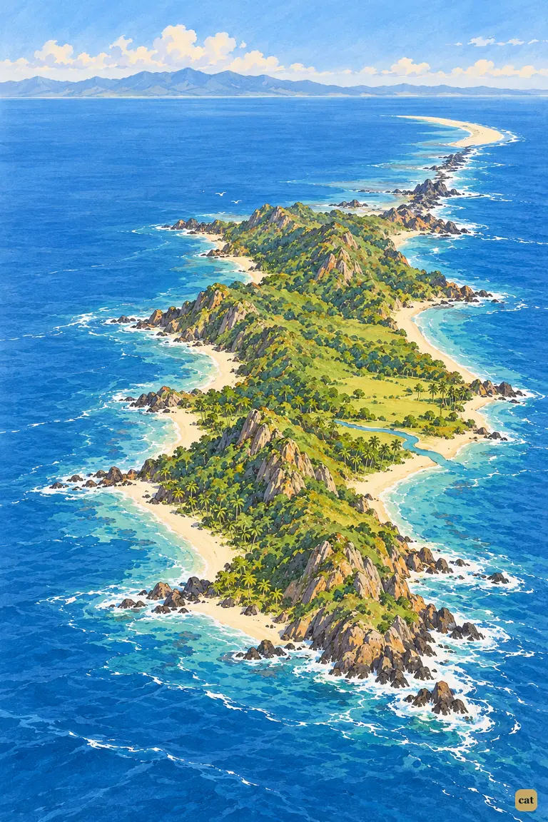 An empty, sunlit island lies small and green in a wide blue sea.