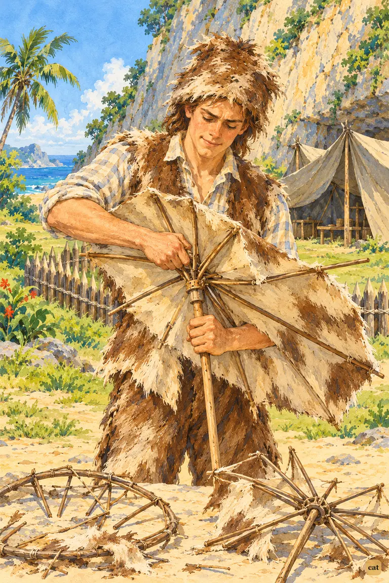 Crusoe folds his goat-skin umbrella as two spoiled frames lie on the sand at his feet