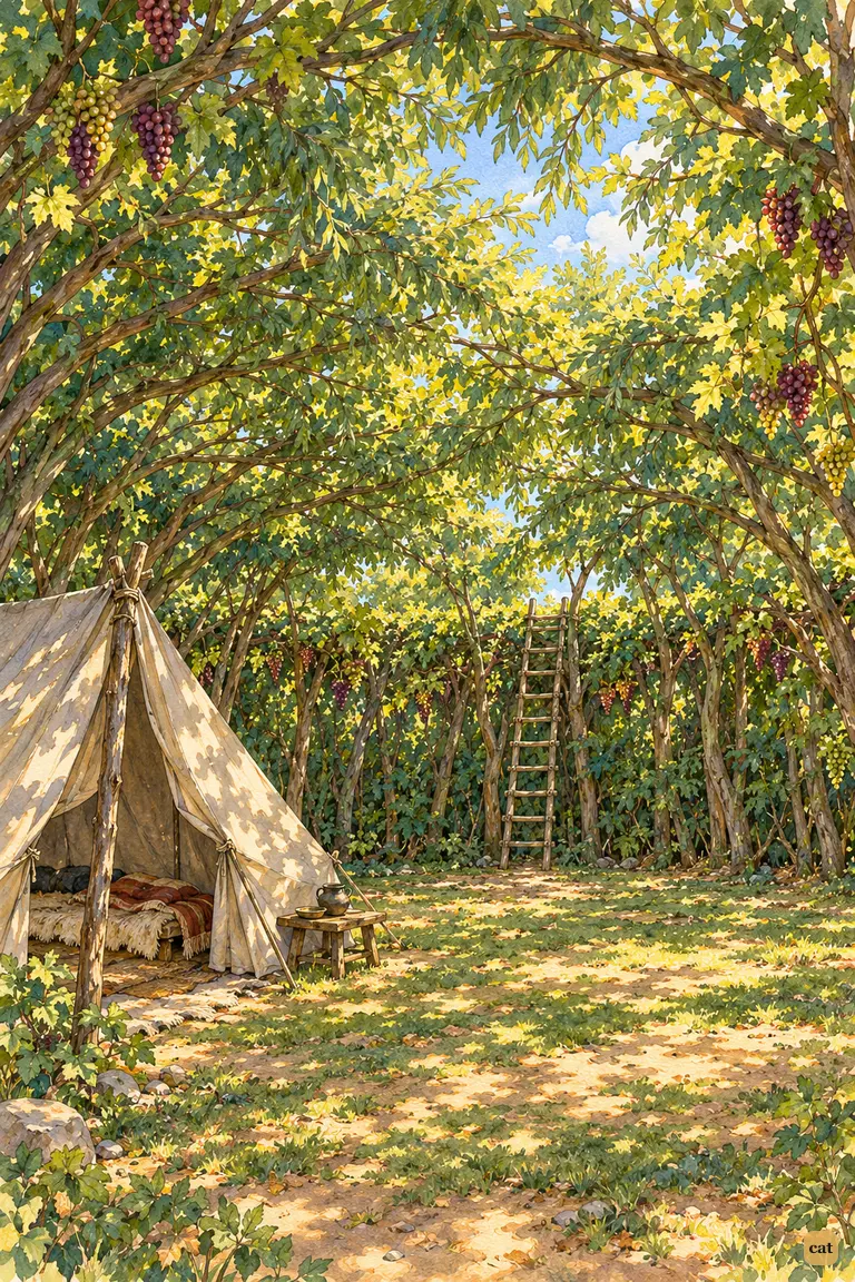 Three years on, the ring of cut stakes has grown into a living canopy over the bower.