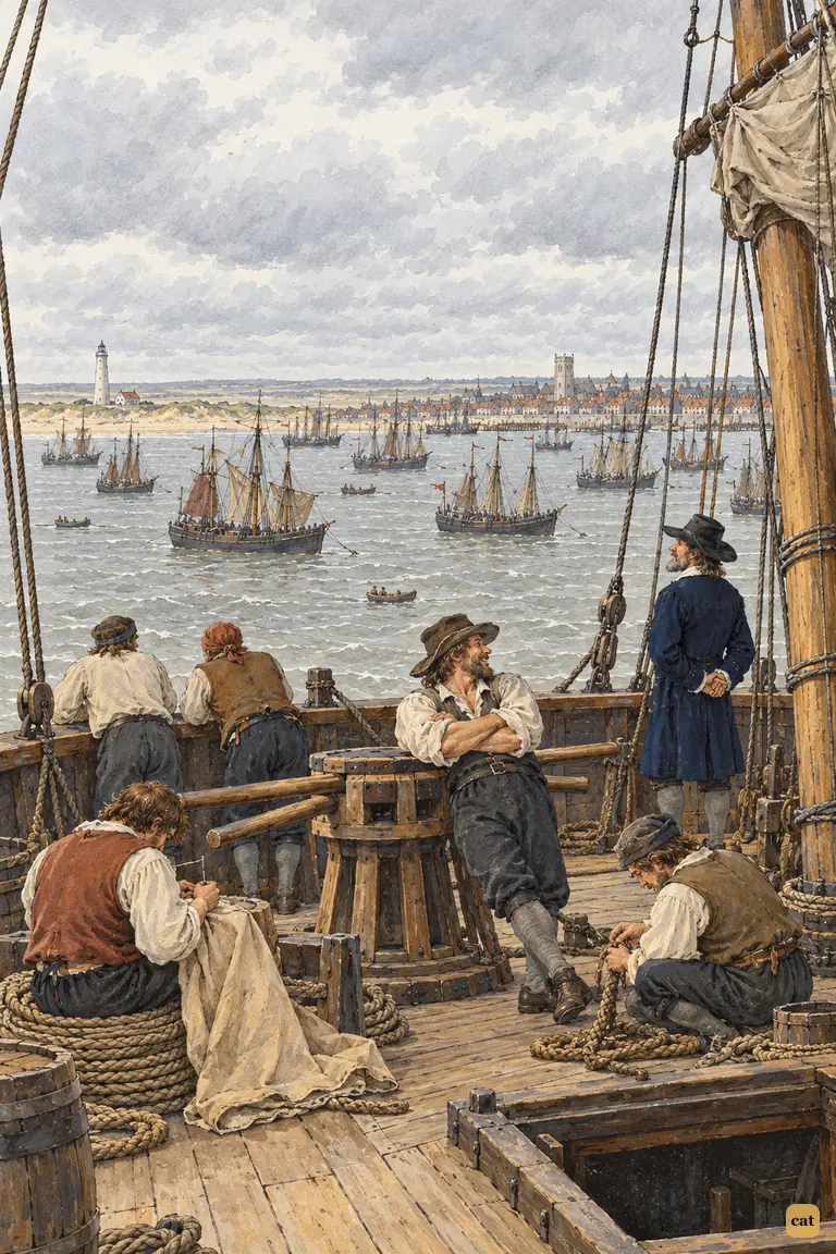 Idle sailors rest on an anchored collier while dozens of ships ride to the contrary wind