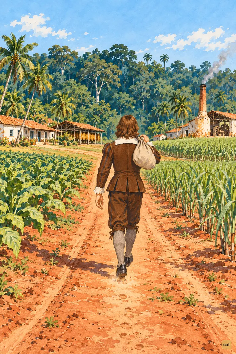 A lone young planter walks away between tobacco and cane toward the dark forest