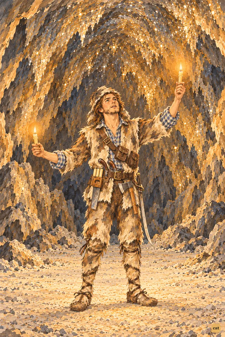 Crusoe straightens up inside the hidden grotto after the long crawl, a candle in each hand.