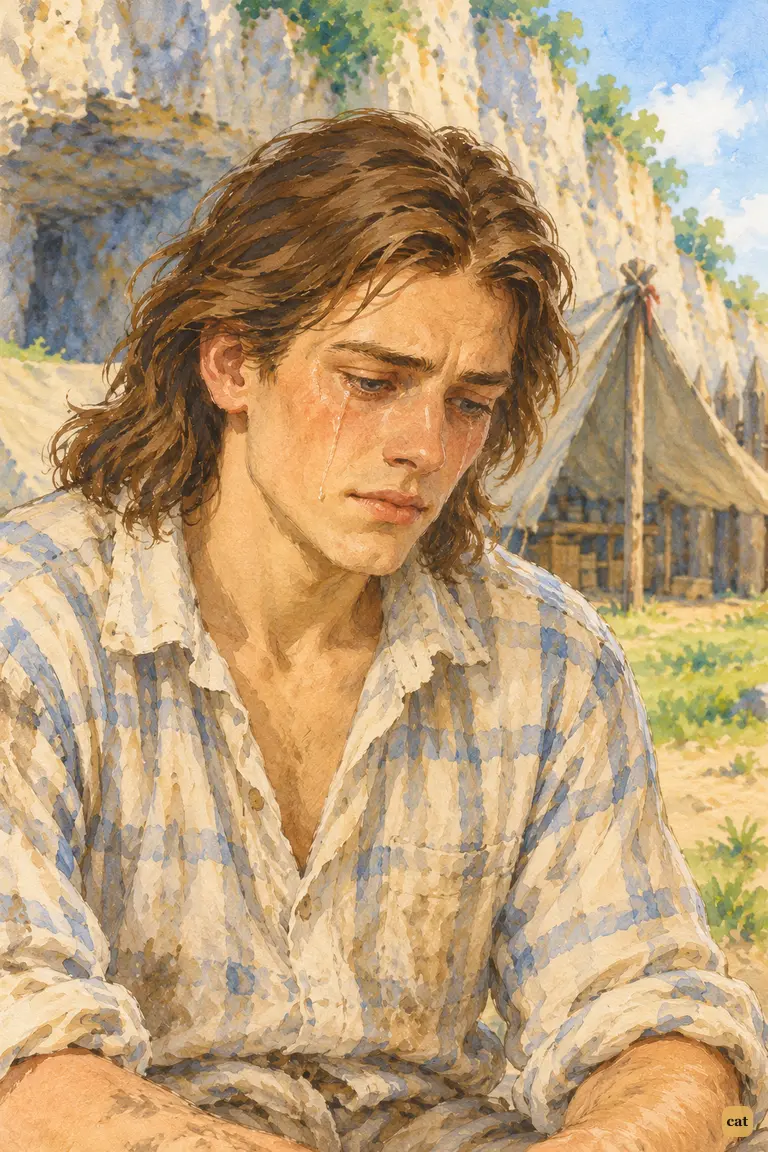 Alone by his tarpaulin tent, Crusoe weeps quietly over his fate on the desolate island