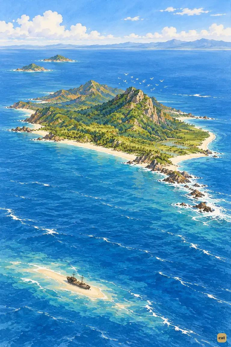 From far above, the small green island lies alone in a blue sea, the wreck a tiny speck