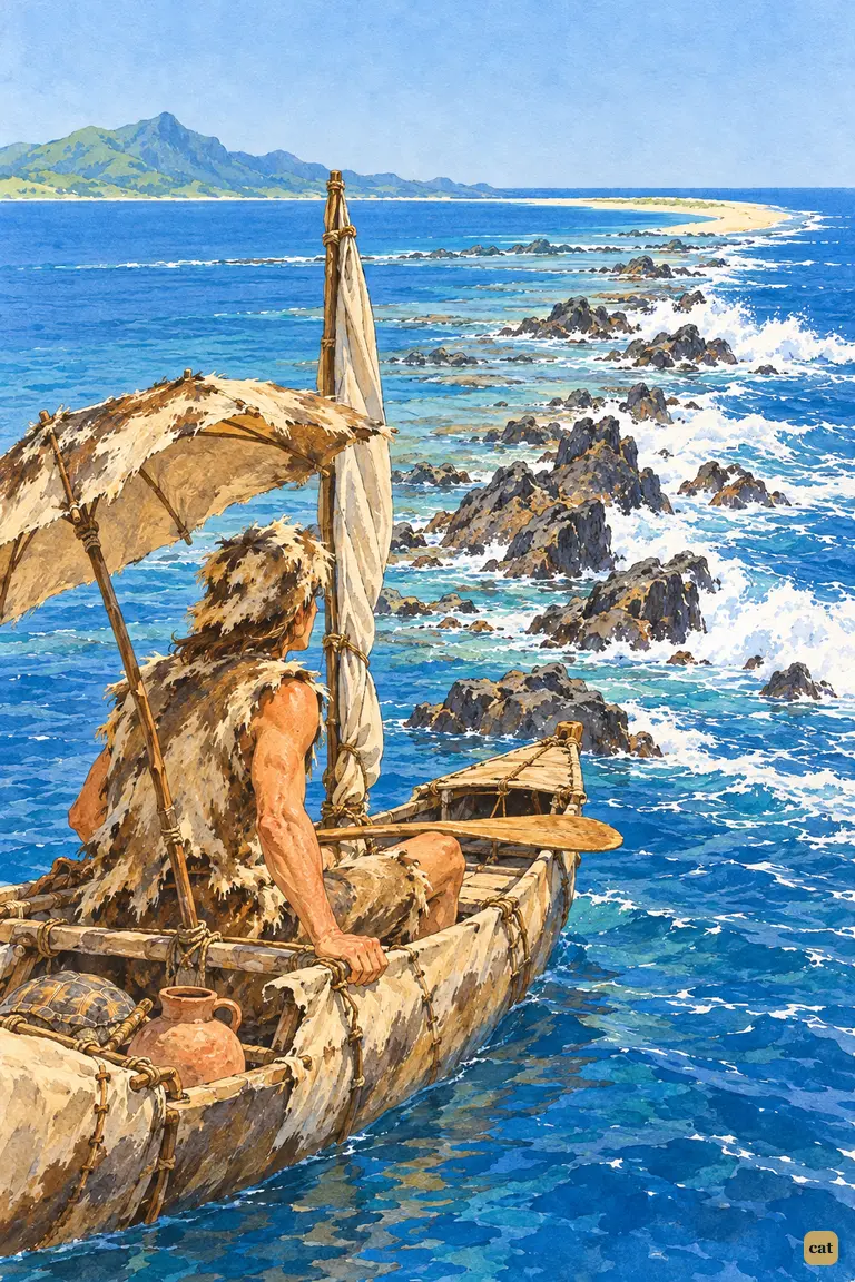 In his canoe, Crusoe sees how far the surf-ringed ledge runs toward the pale sandbar
