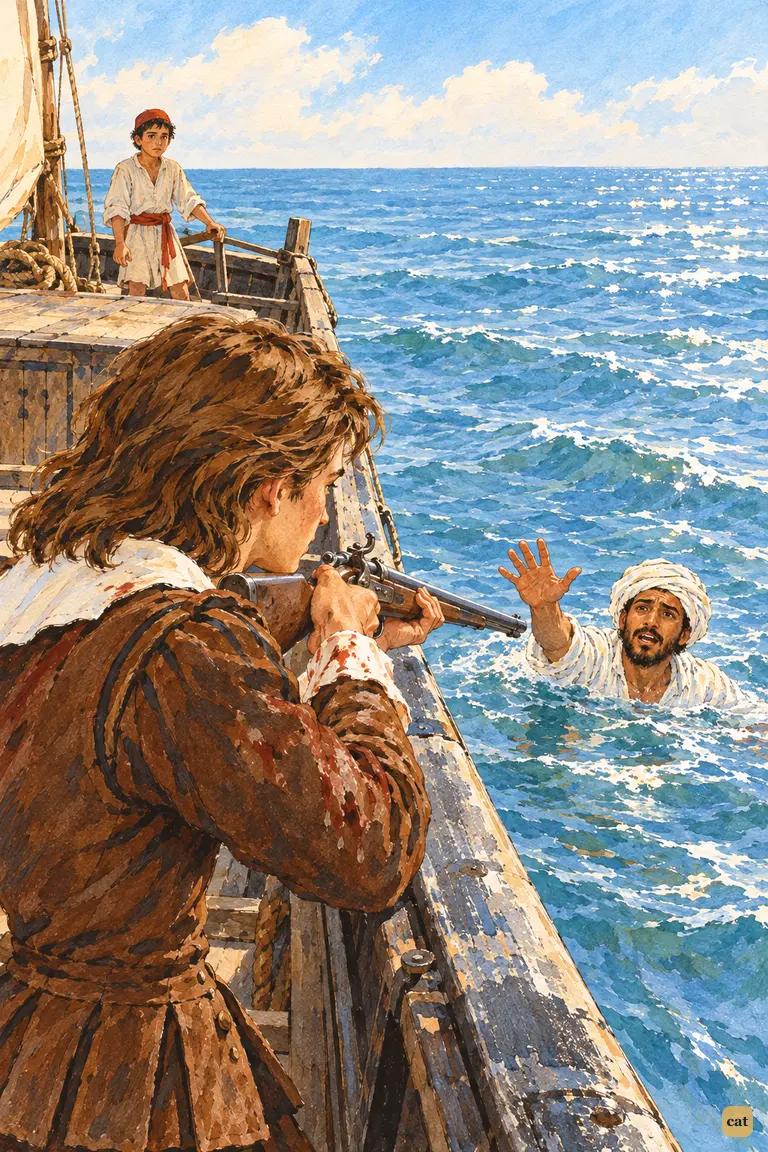 Crusoe levels the fowling-piece at Ismael, who pleads from the sea with an open palm