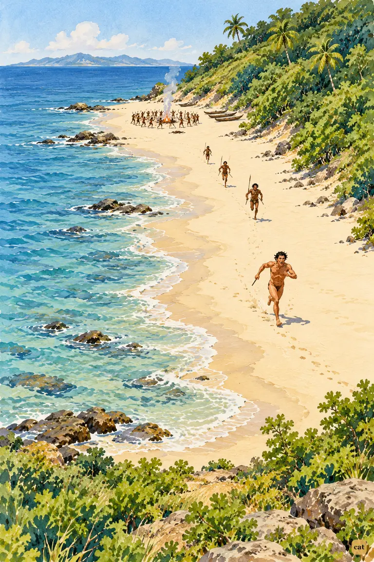 A tiny runner races down the beach toward the viewer, far ahead of three pursuers