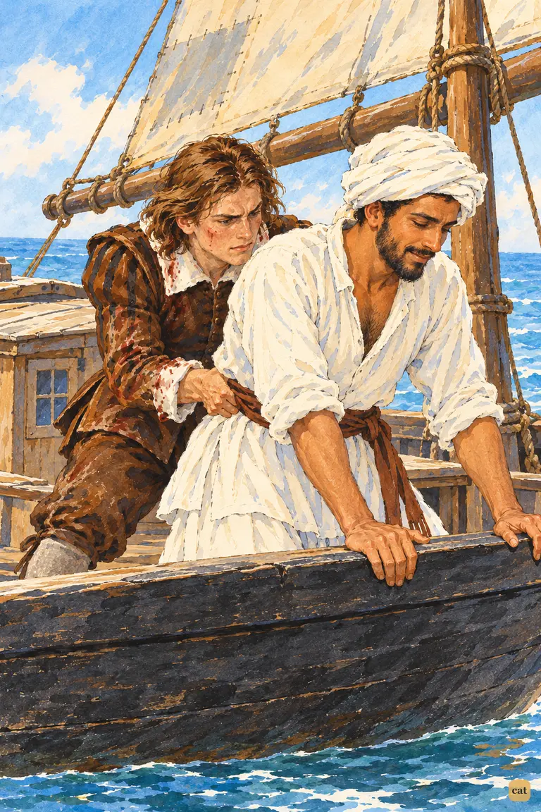 Crusoe hooks an arm under trusting Ismael's waist, about to toss him into the sea