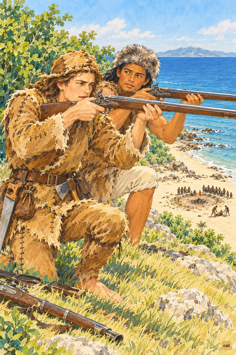Above the cannibal shore, Crusoe and Friday kneel side by side with muskets raised