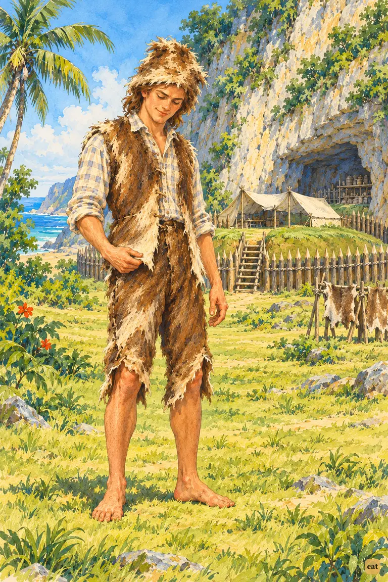 The castaway looks down with rueful pride at his goat-skin cap, waistcoat and breeches