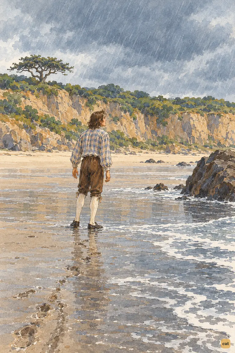 Half-drowned and alone, the young castaway looks up at the unknown cliffs in despair