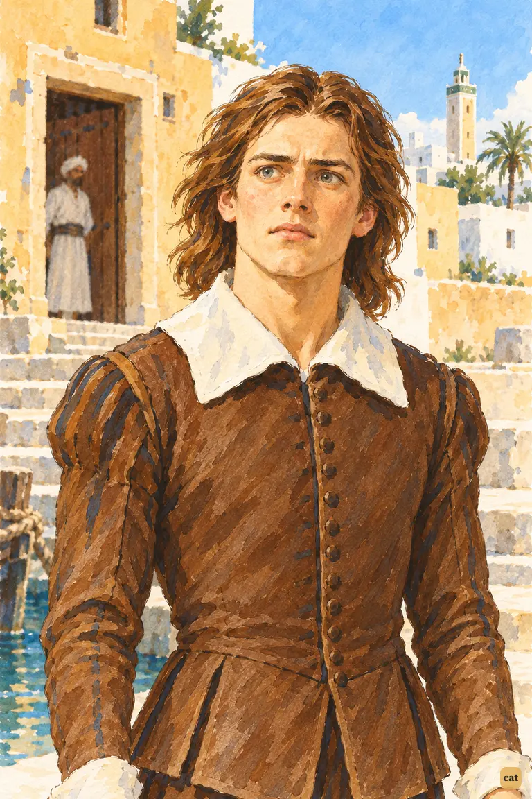 On Sallee's quay steps, young Crusoe stares at his patron's door, stunned to be a slave