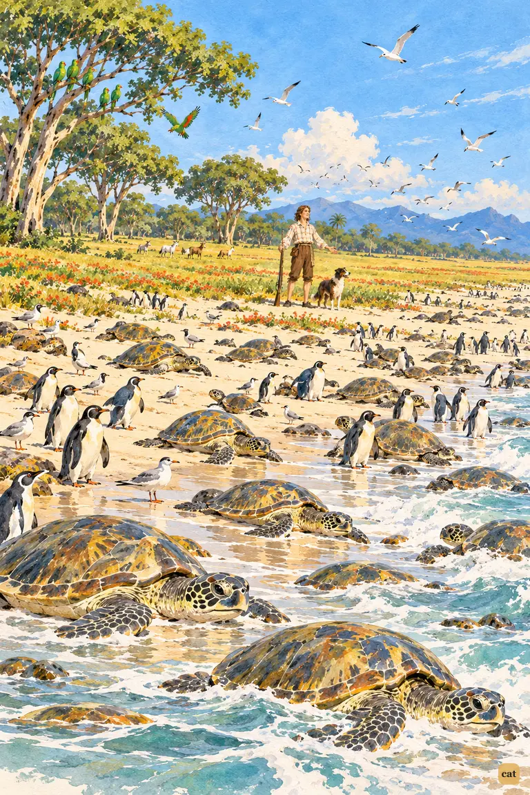 Crusoe looks down on a pale western beach crowded with turtles, penguins and sea-fowl