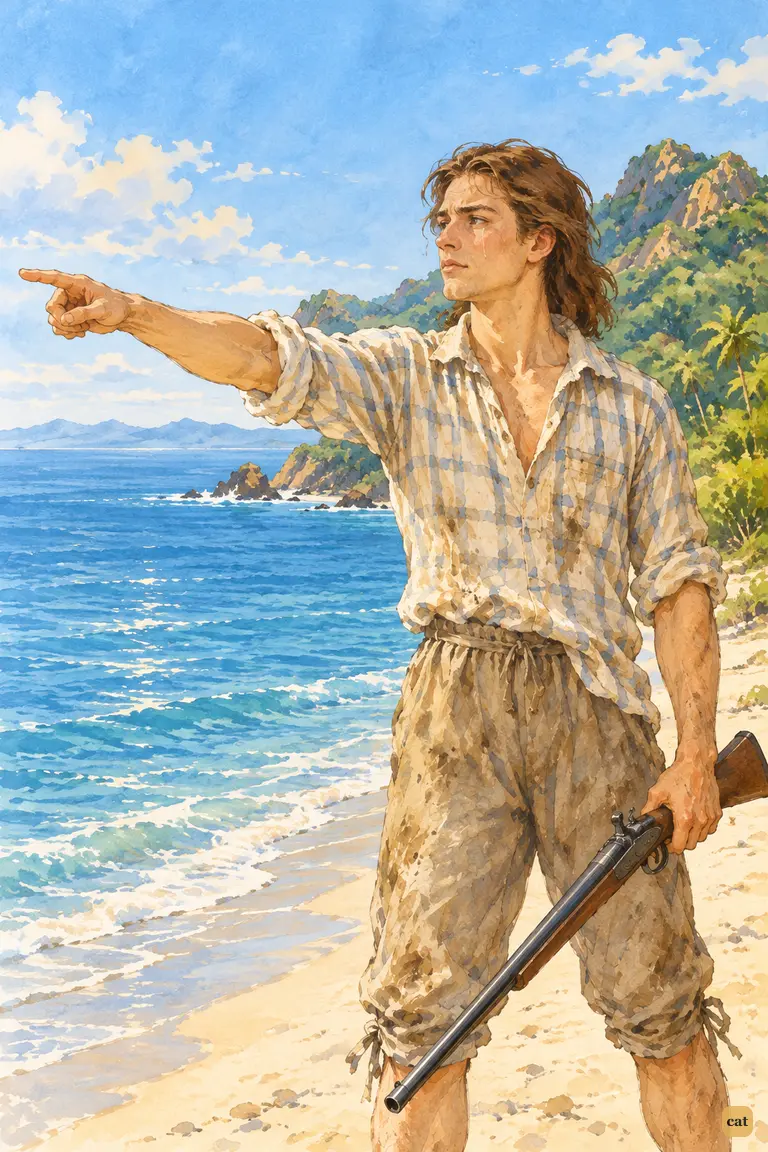 On the sand, Crusoe points to the empty sea, sternly grateful to be alive