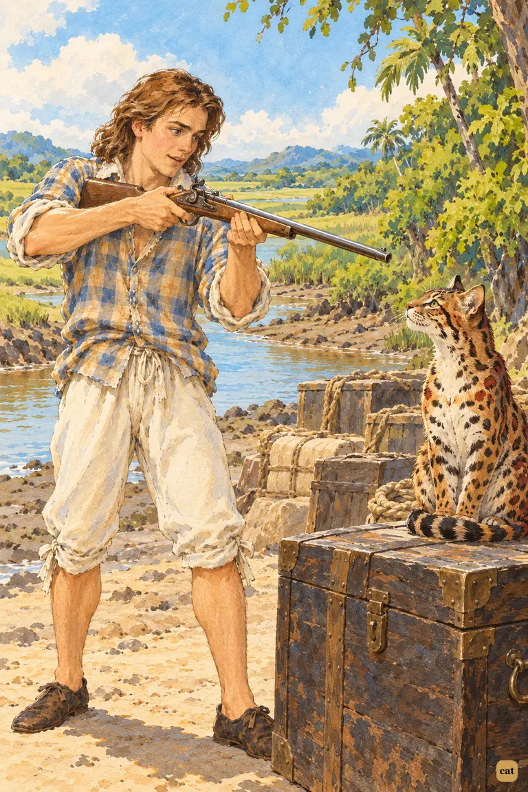 Back from the wreck, the castaway aims his gun at a wild cat sitting on his chest