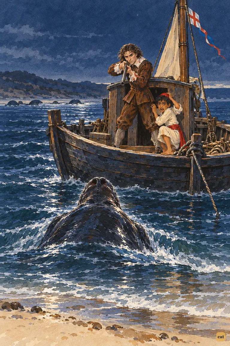 Crusoe aims at a huge unseen beast swimming at the boat at night while Xury cowers