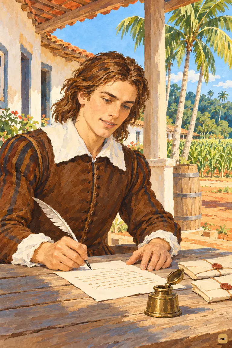 On a Brazilian veranda, the young planter leans over his will, eager to sail for Guinea