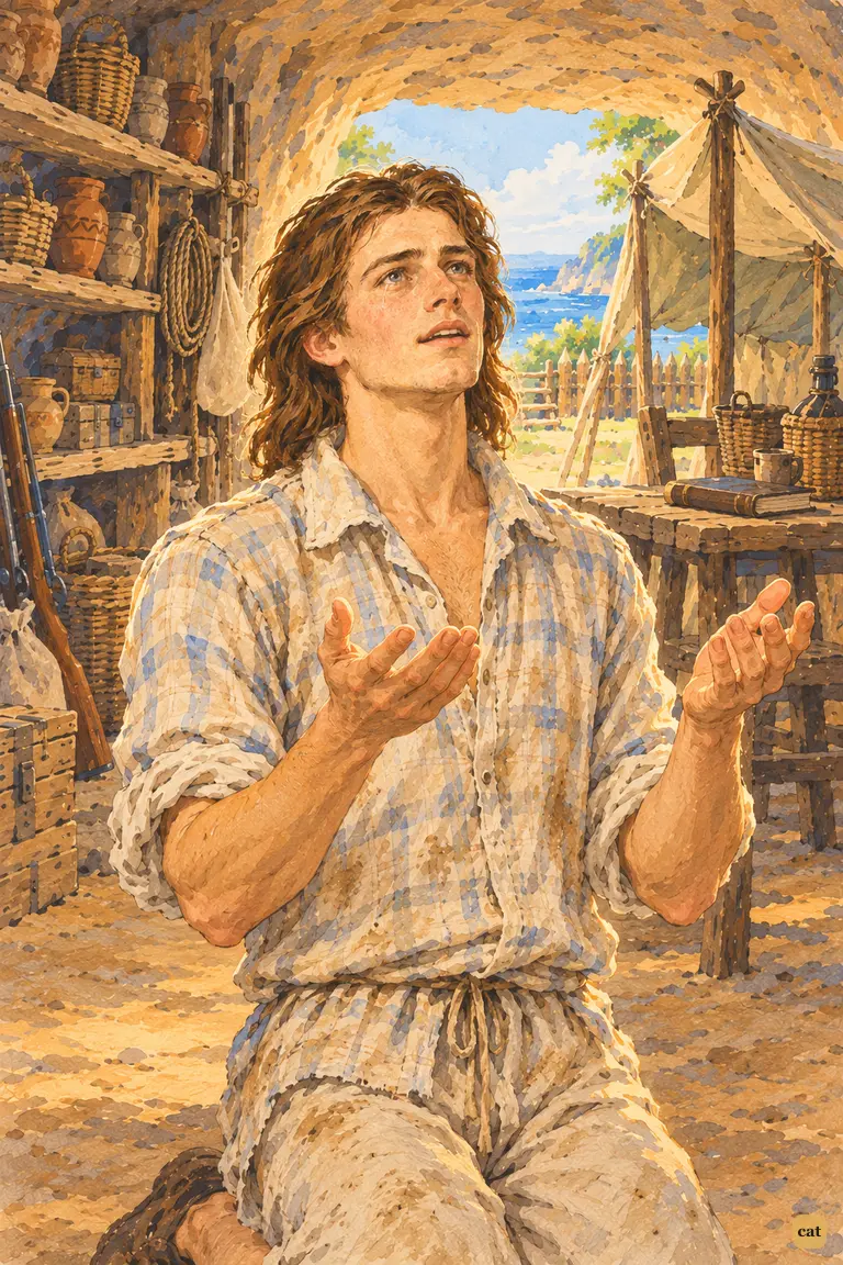 Pale after his fever, Crusoe kneels in the cave and gives thanks for his recovery