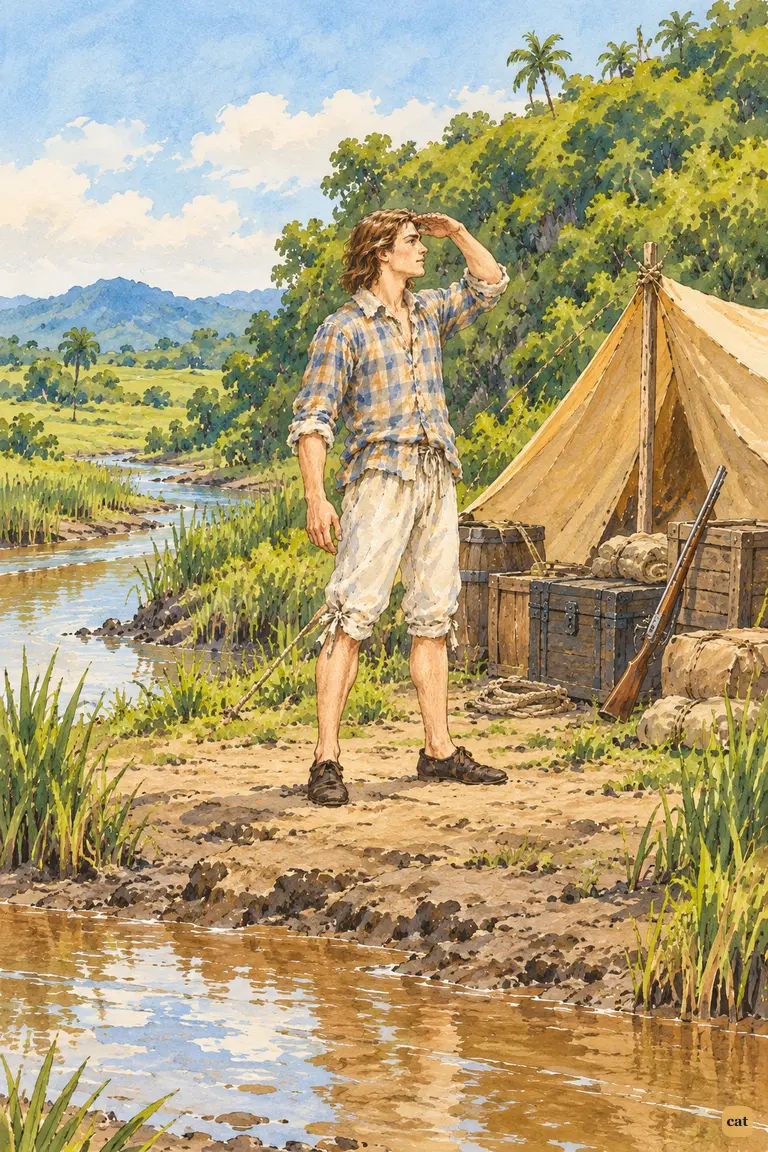 Before his sail tent on the cove's bank, Crusoe studies the wooded rise for a cave