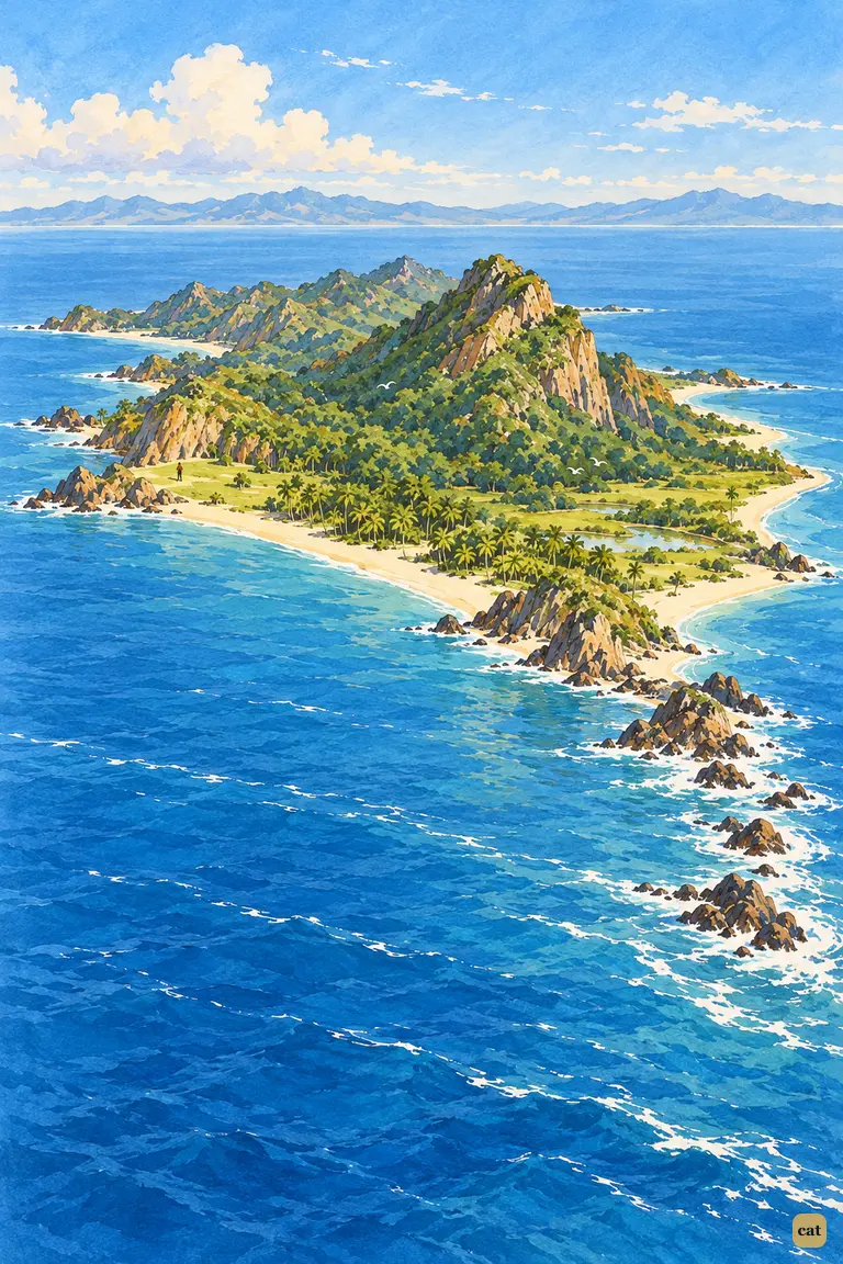 The lonely green island lies small in a wide blue sea, a tiny figure by the pale rock